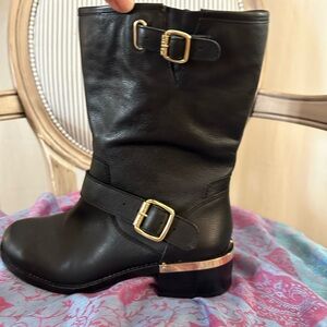 Black Leather Mid-Calf Boot with Gold Buckles